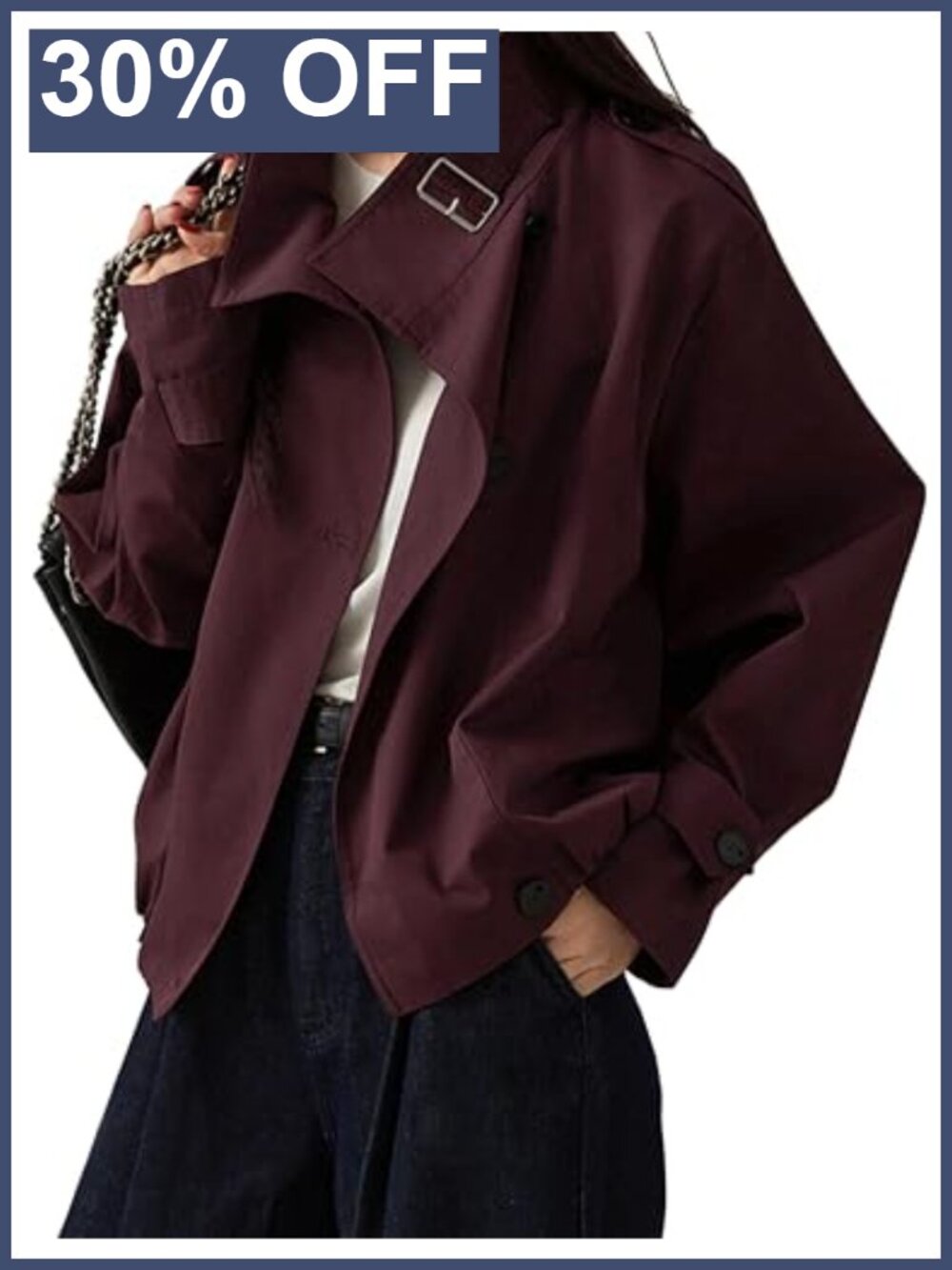 Women's Cropped Trench Coat Cotton Blend Funnel Neck Casual Jacket Long Sleeve